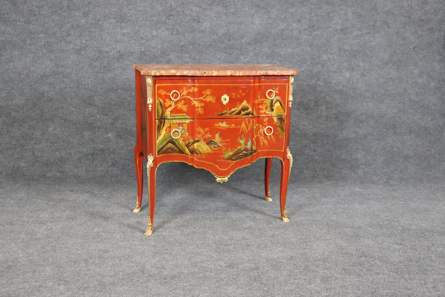 Louis XV Red Chinese Raised Gold Paint Decorated Kahn & Cie of France Commode