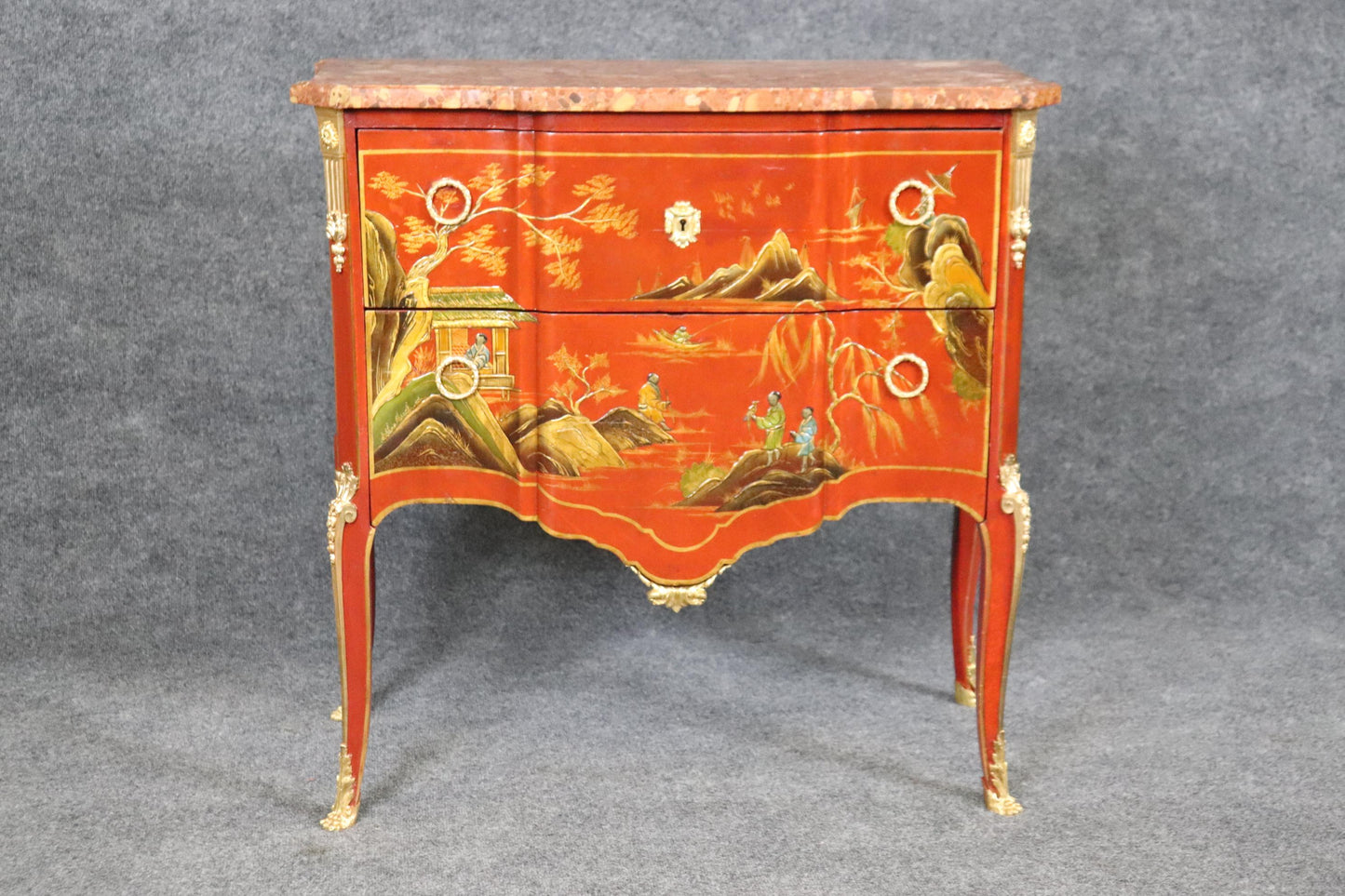 Louis XV Red Chinese Raised Gold Paint Decorated Kahn & Cie of France Commode