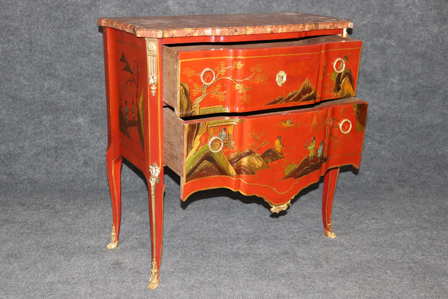 Louis XV Red Chinese Raised Gold Paint Decorated Kahn & Cie of France Commode