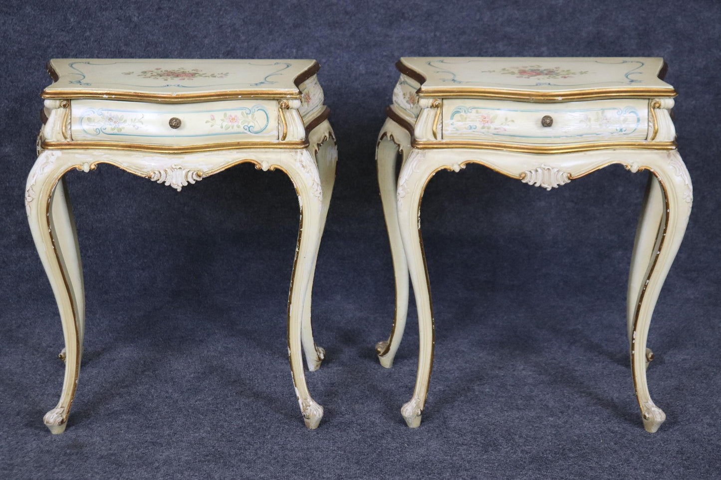 Rare Pair Distressed Paint Decorated Venetian Italian Nightstands Circa 1920s