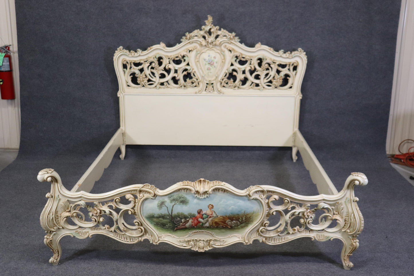 Over-Sized Queen Size Carved Italian Vernis Martin Painted Rococo Bed