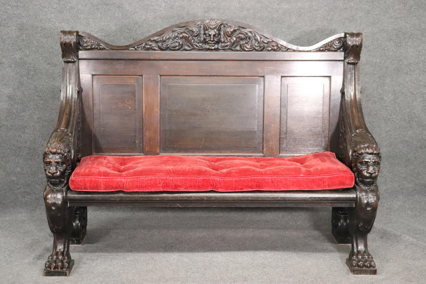 Monumental Carved Walnut Victorian Walnut Griffin Bench with Paw Feet circa 1890