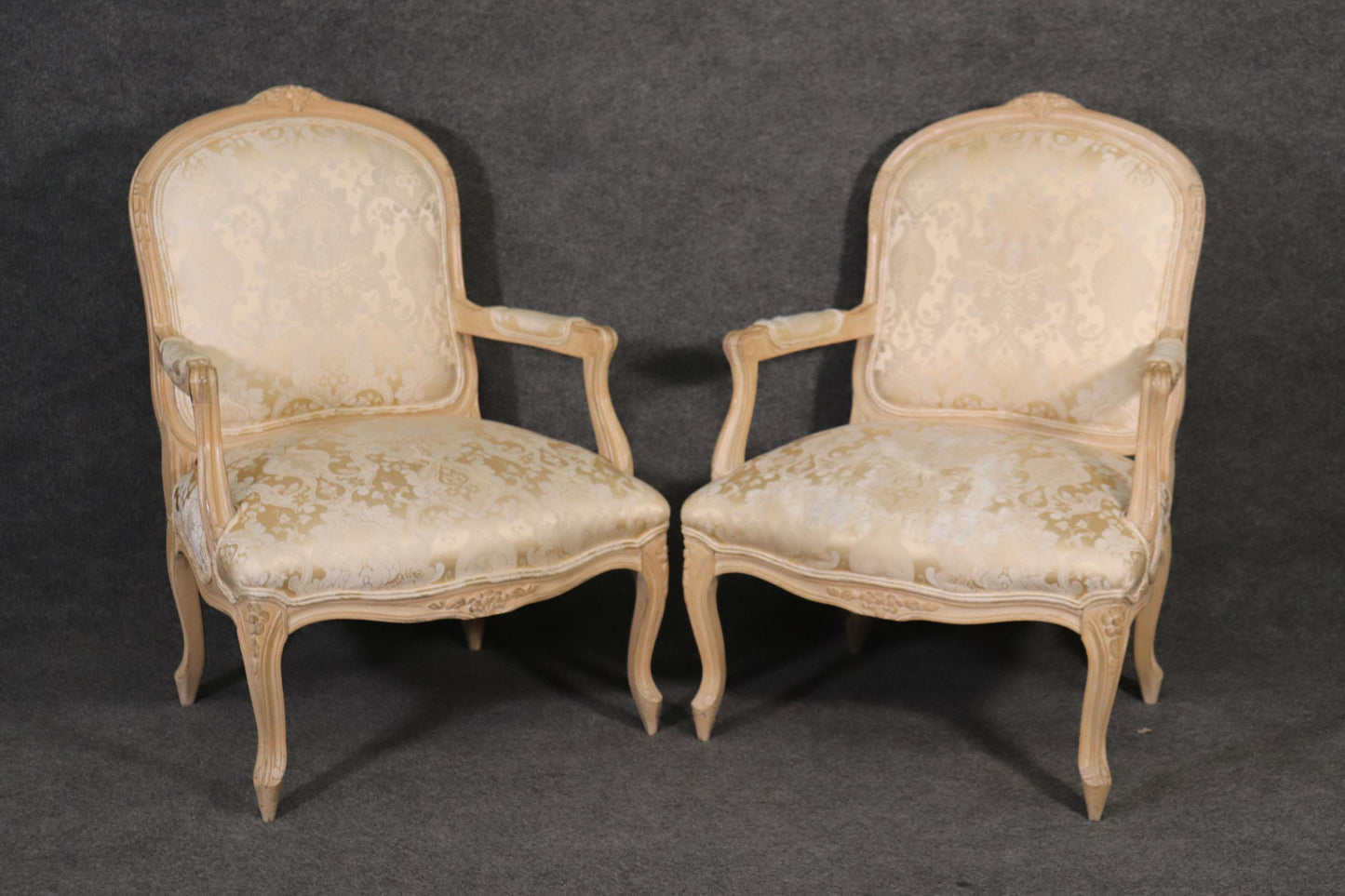 Pair of Fine Quality Carved Limed Beechwood French Louis XV Armchairs Curca 1940