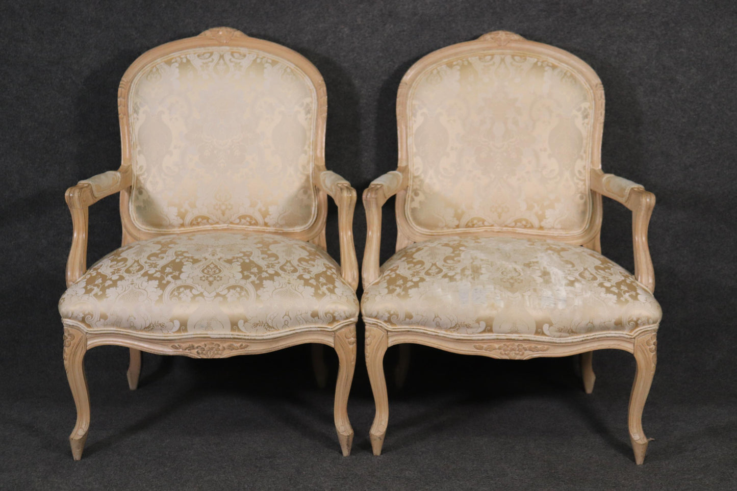 Pair of Fine Quality Carved Limed Beechwood French Louis XV Armchairs Curca 1940