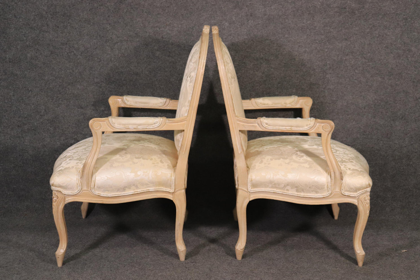 Pair of Fine Quality Carved Limed Beechwood French Louis XV Armchairs Curca 1940