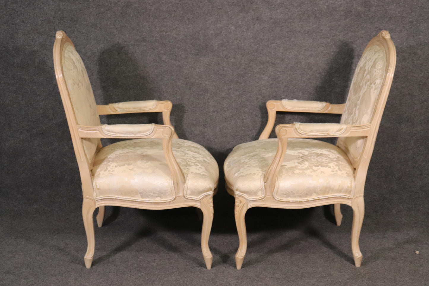 Pair of Fine Quality Carved Limed Beechwood French Louis XV Armchairs Curca 1940