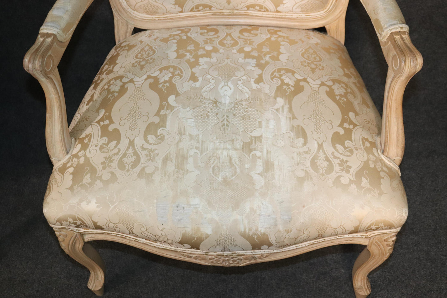 Pair of Fine Quality Carved Limed Beechwood French Louis XV Armchairs Curca 1940