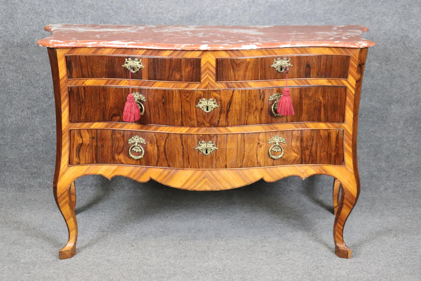 Rare Period 1800s Italian Made Circassian Walnut and Kingwood Marble Top Commode