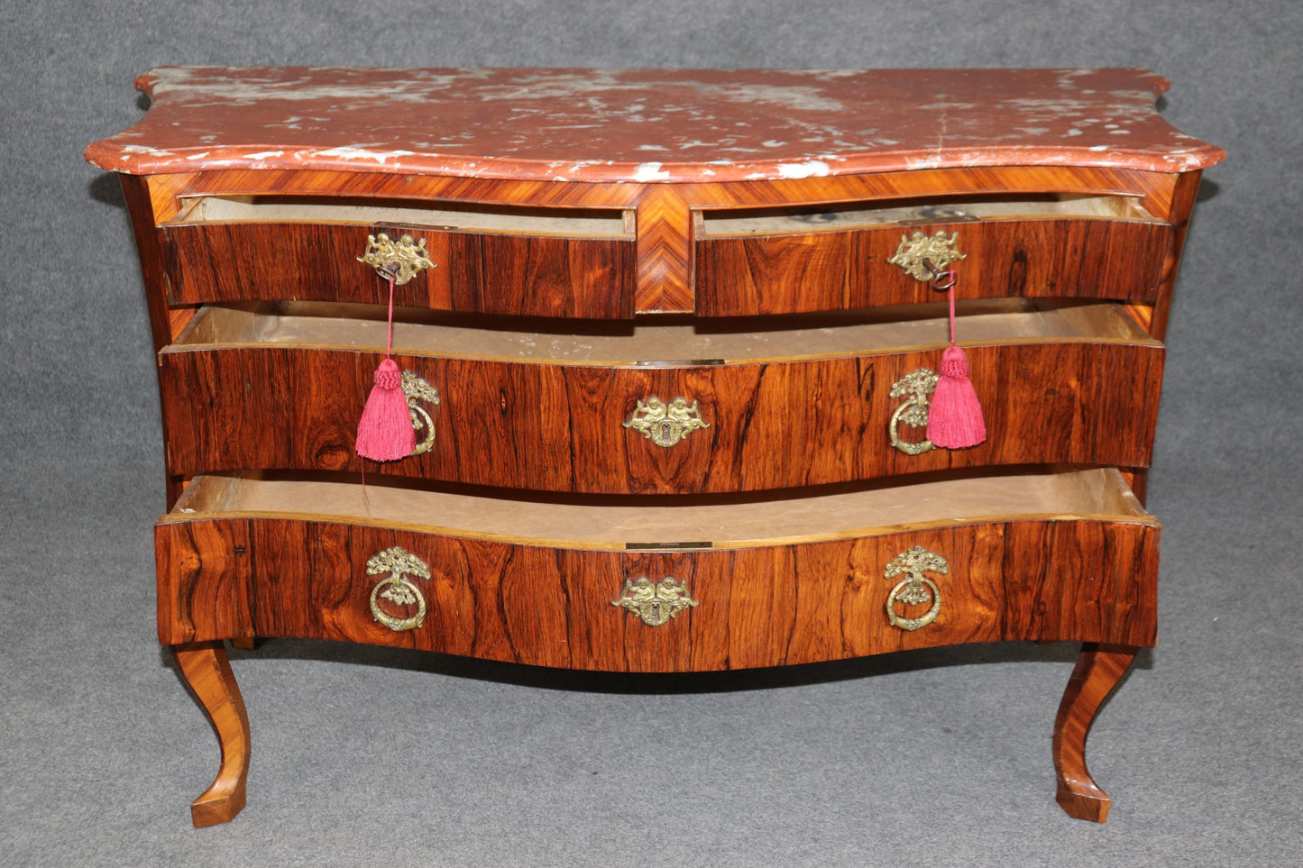 Rare Period 1800s Italian Made Circassian Walnut and Kingwood Marble Top Commode