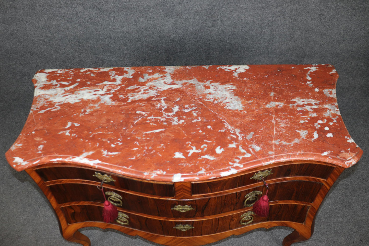 Rare Period 1800s Italian Made Circassian Walnut and Kingwood Marble Top Commode