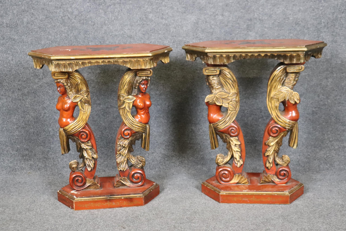 Pair of Red and Gold Gilt Figural Nude Maiden Italian End Tables Circa 1940