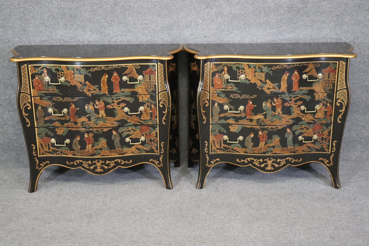 Pair of Chinoiserie Painted Medium Sized Louis XV Style Commodes Circa 1970