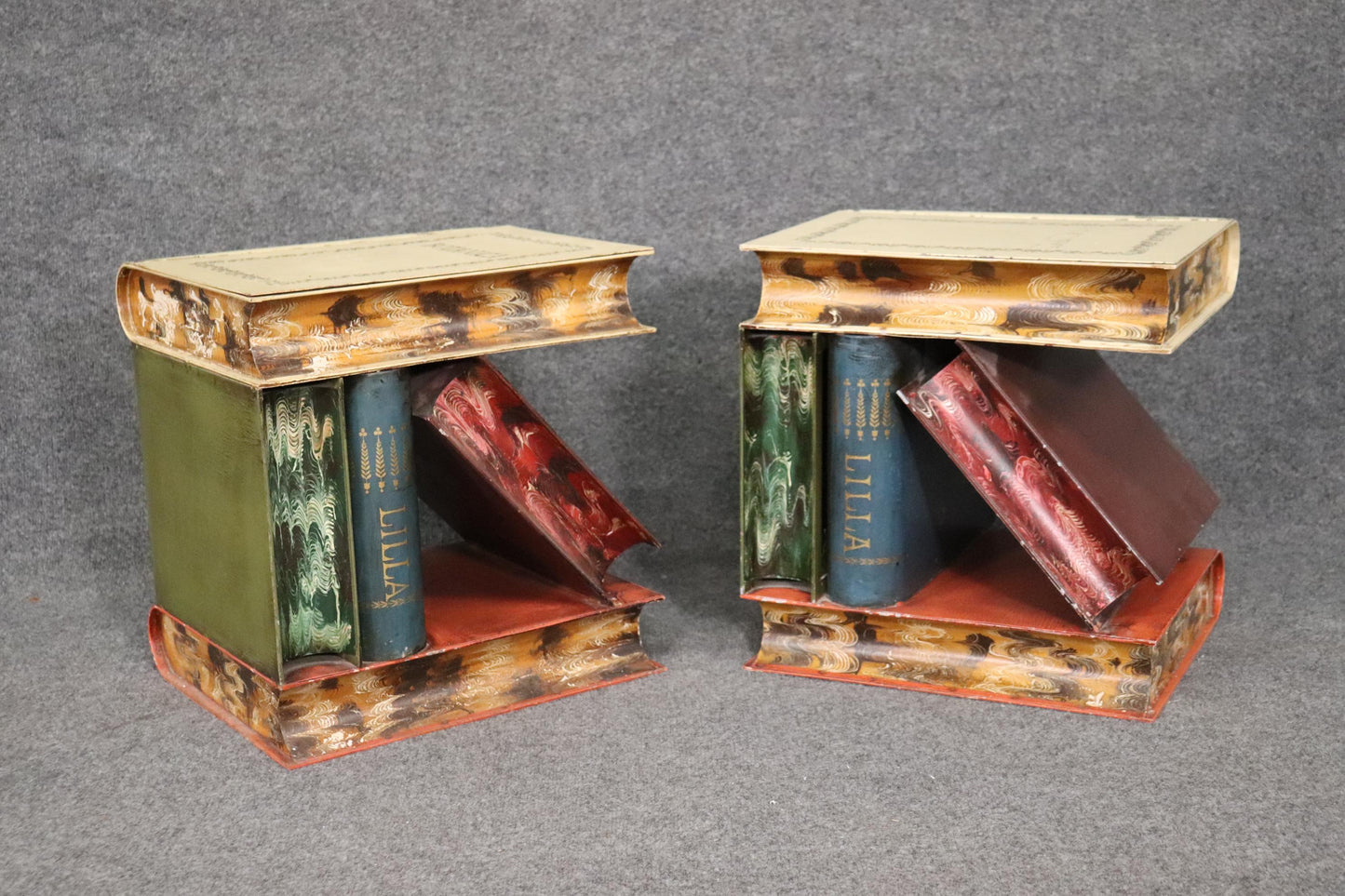 Outstanding Pair of Tole Painted Metal Italian-Made End Tables Stacked Books