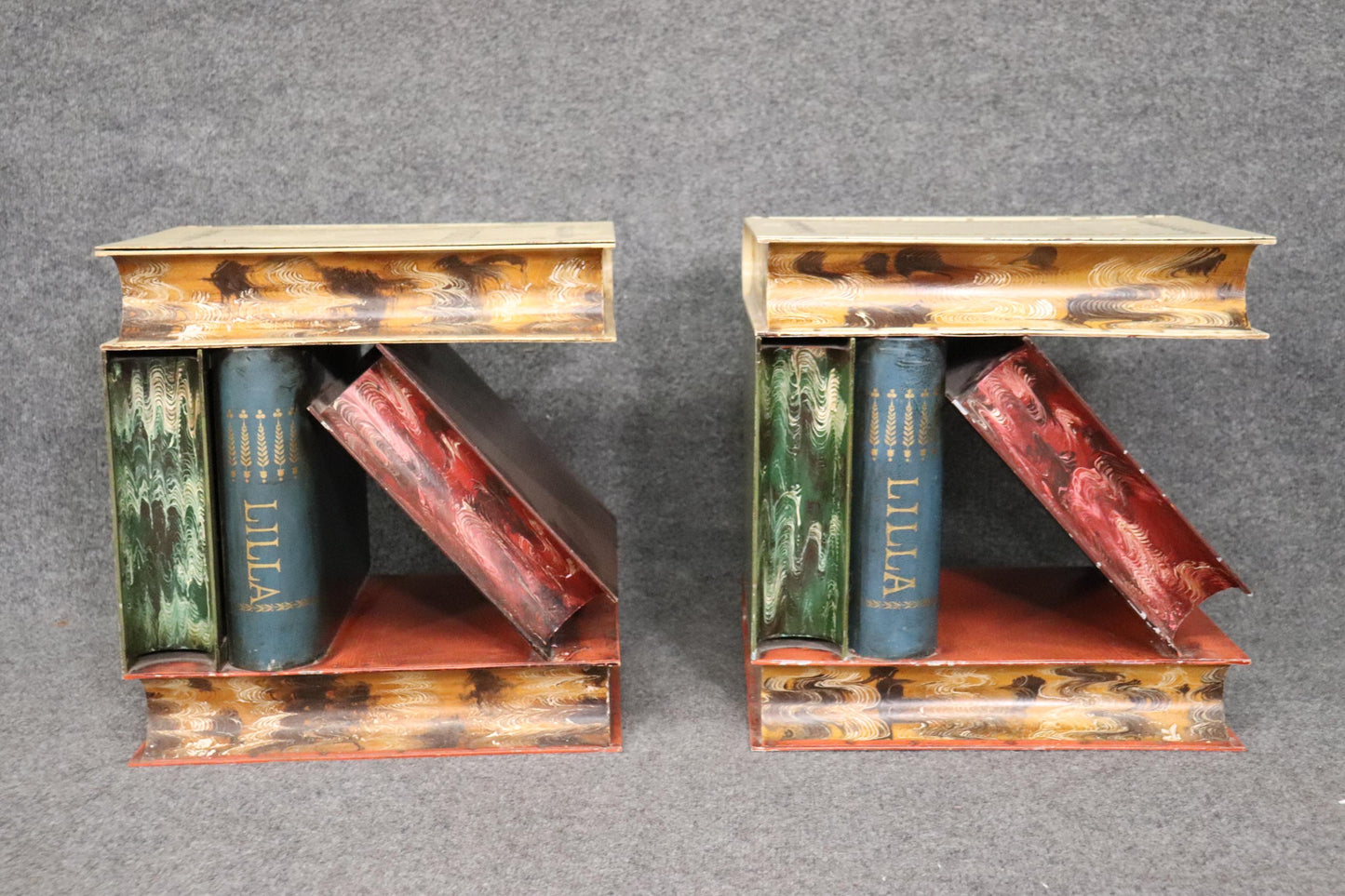 Outstanding Pair of Tole Painted Metal Italian-Made End Tables Stacked Books