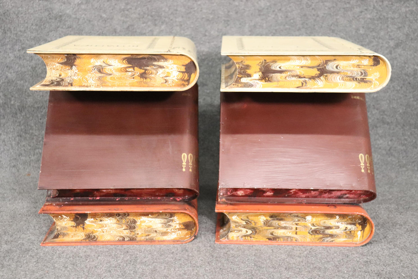 Outstanding Pair of Tole Painted Metal Italian-Made End Tables Stacked Books