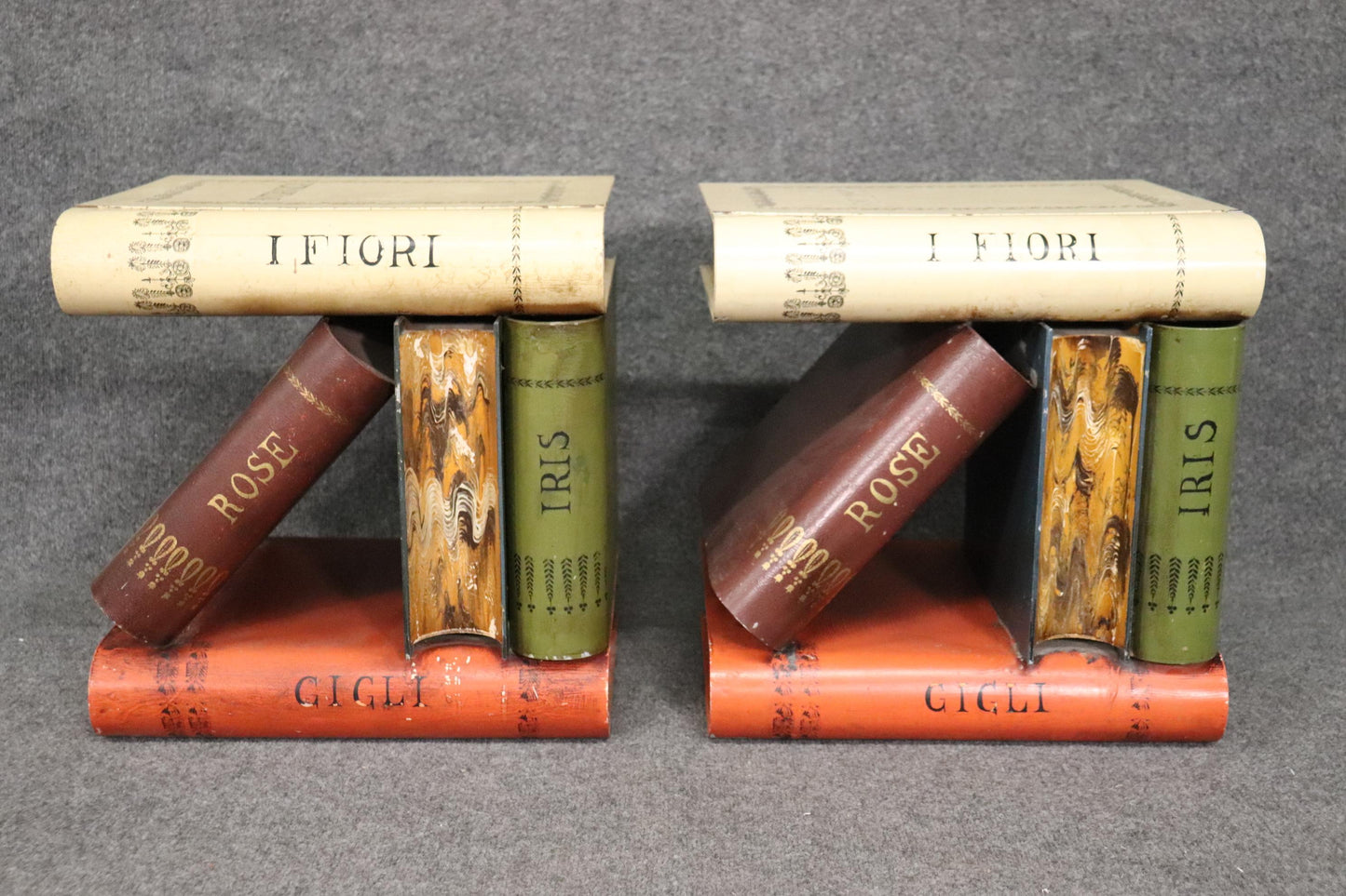 Outstanding Pair of Tole Painted Metal Italian-Made End Tables Stacked Books