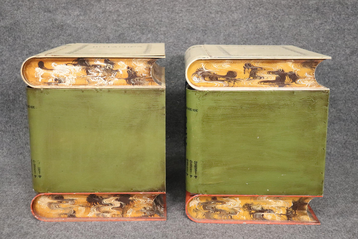 Outstanding Pair of Tole Painted Metal Italian-Made End Tables Stacked Books