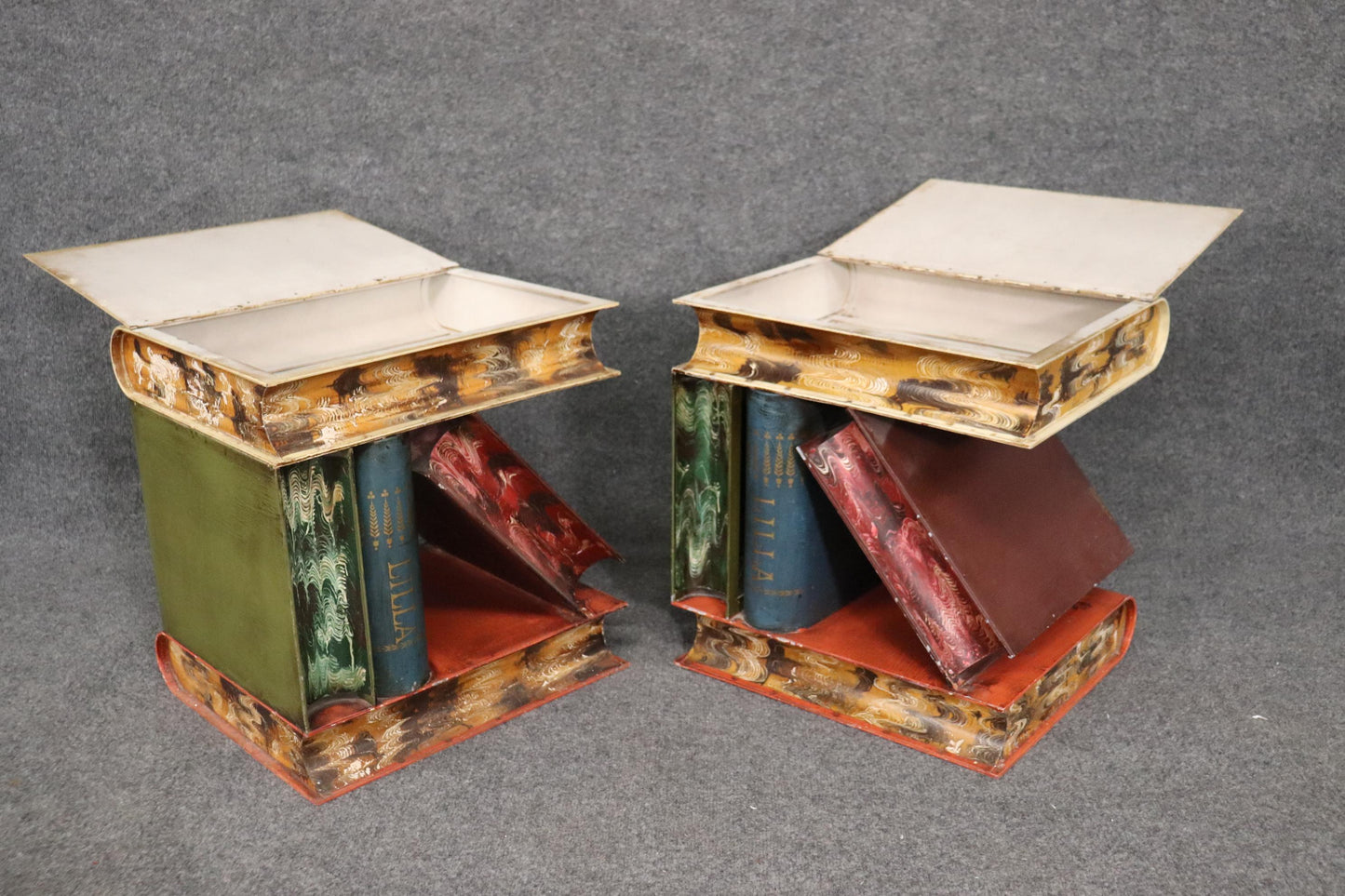 Outstanding Pair of Tole Painted Metal Italian-Made End Tables Stacked Books