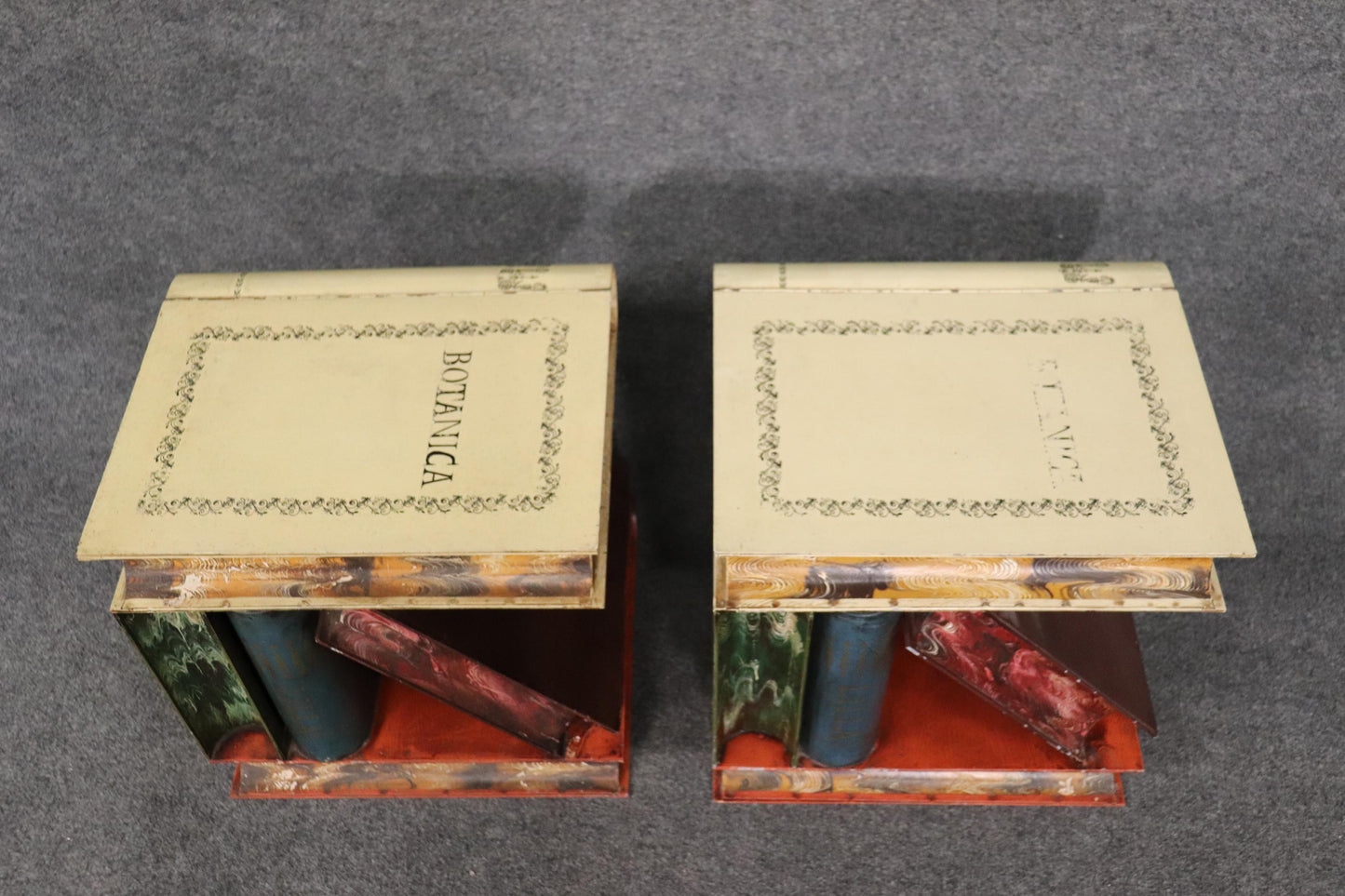 Outstanding Pair of Tole Painted Metal Italian-Made End Tables Stacked Books