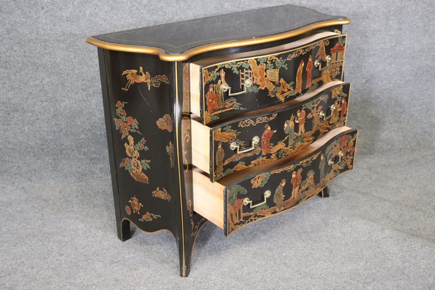 Pair of Chinoiserie Painted Medium Sized Louis XV Style Commodes Circa 1970