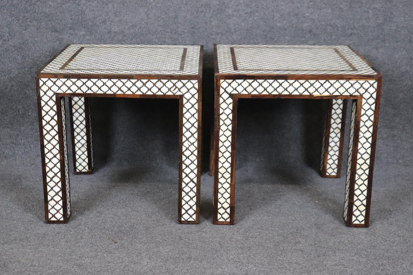 Pair of Moroccan Bone Inlaid Square Shaped End Tables