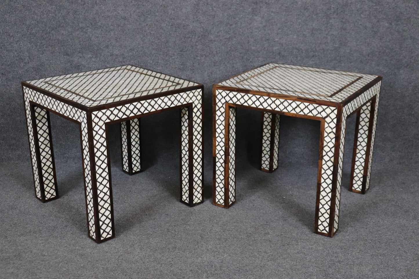 Pair of Moroccan Bone Inlaid Square Shaped End Tables