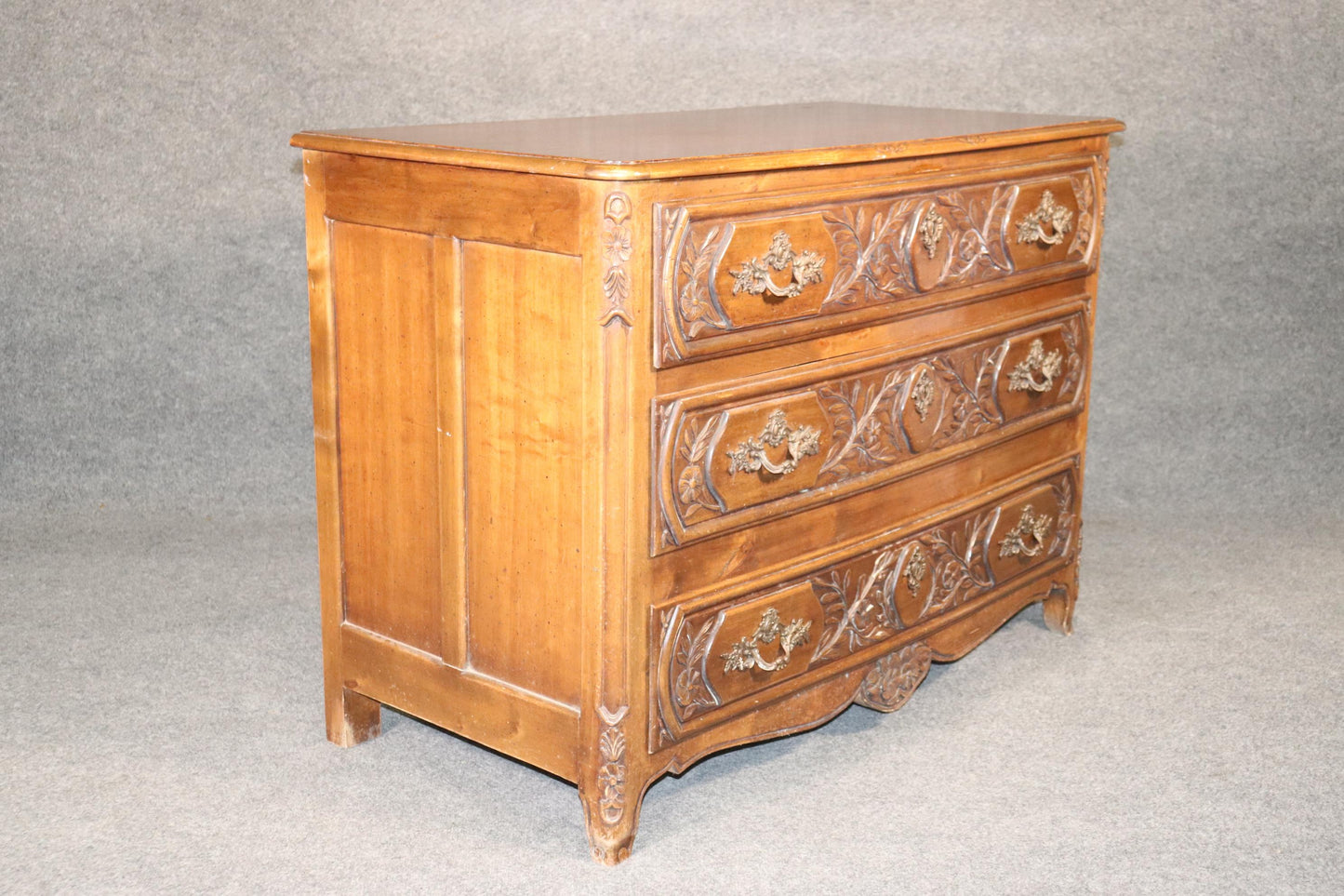 Gorgeous Carved Walnut Floral French Louis XV Country Commode, Circa 1970