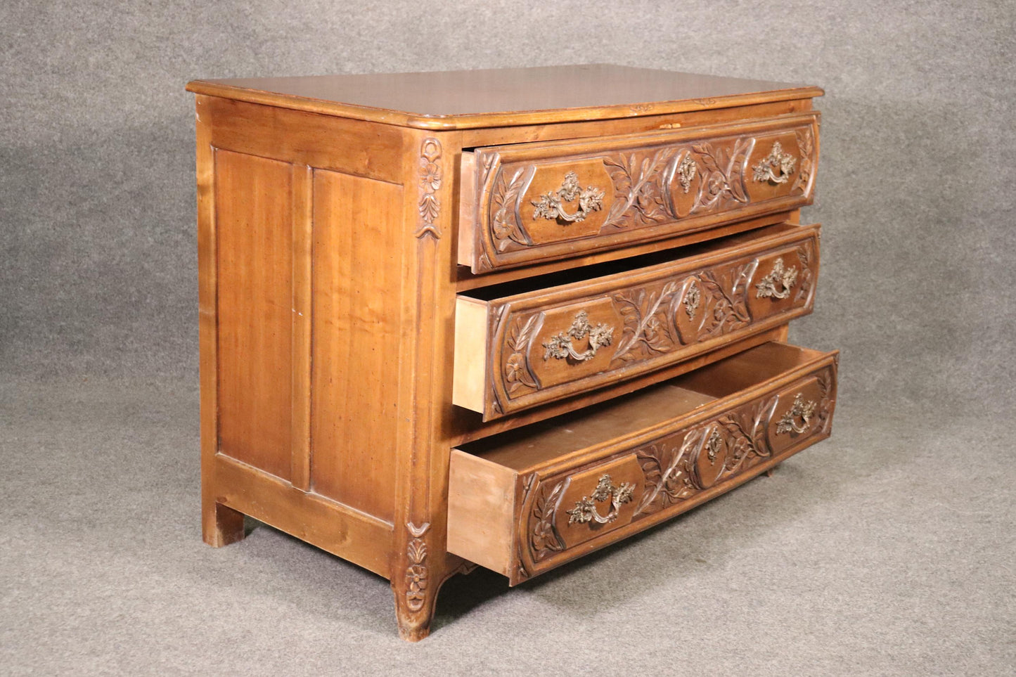 Gorgeous Carved Walnut Floral French Louis XV Country Commode, Circa 1970