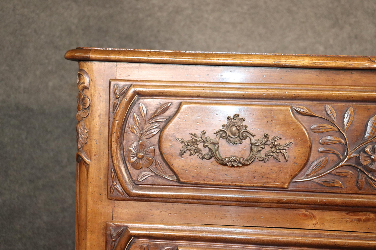 Gorgeous Carved Walnut Floral French Louis XV Country Commode, Circa 1970