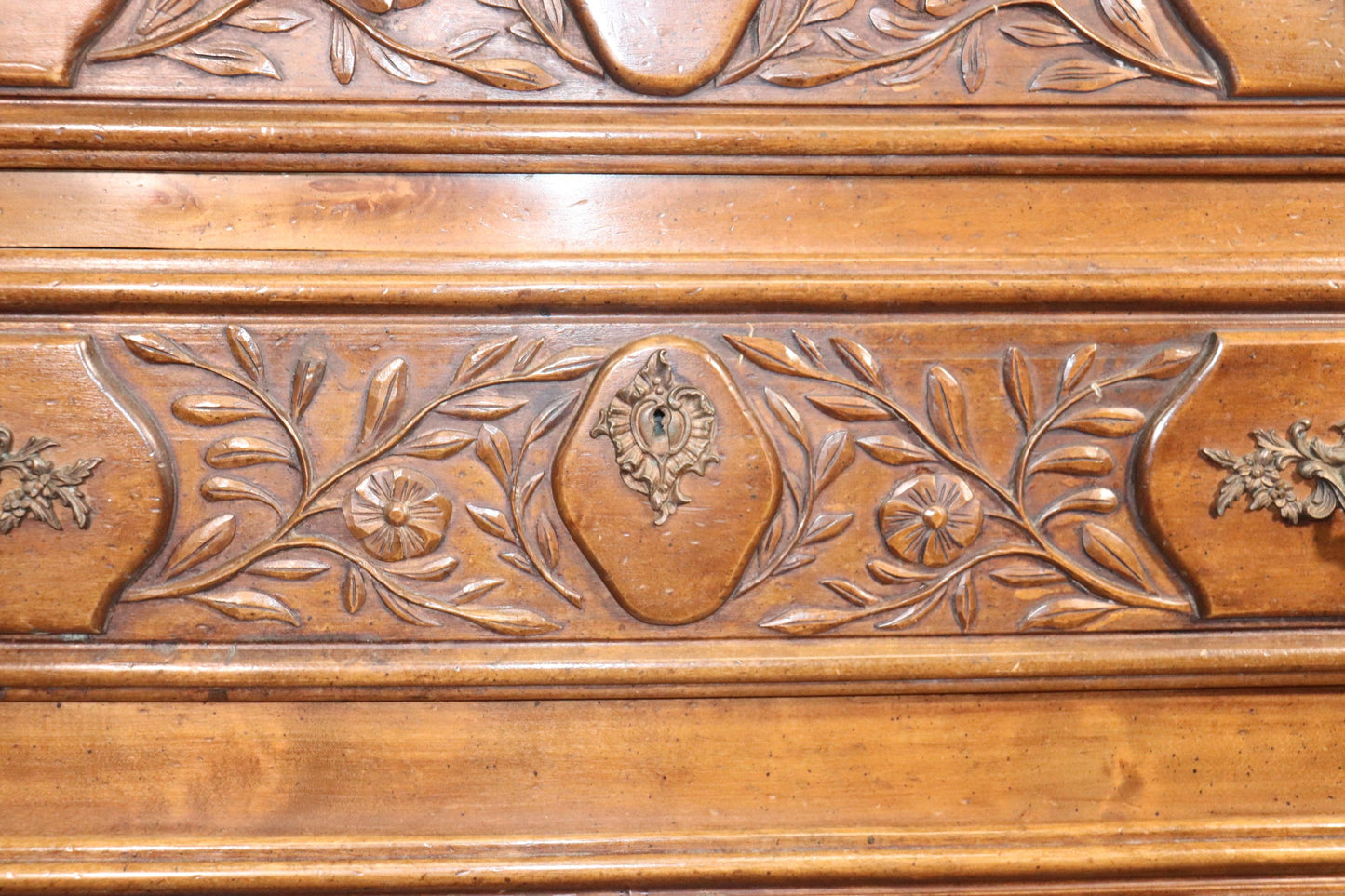 Gorgeous Carved Walnut Floral French Louis XV Country Commode, Circa 1970