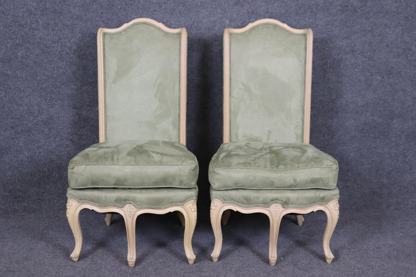 Gorgeous pair of Rare 5 Leg French Louis XV Style Limed Walnut Side Chairs