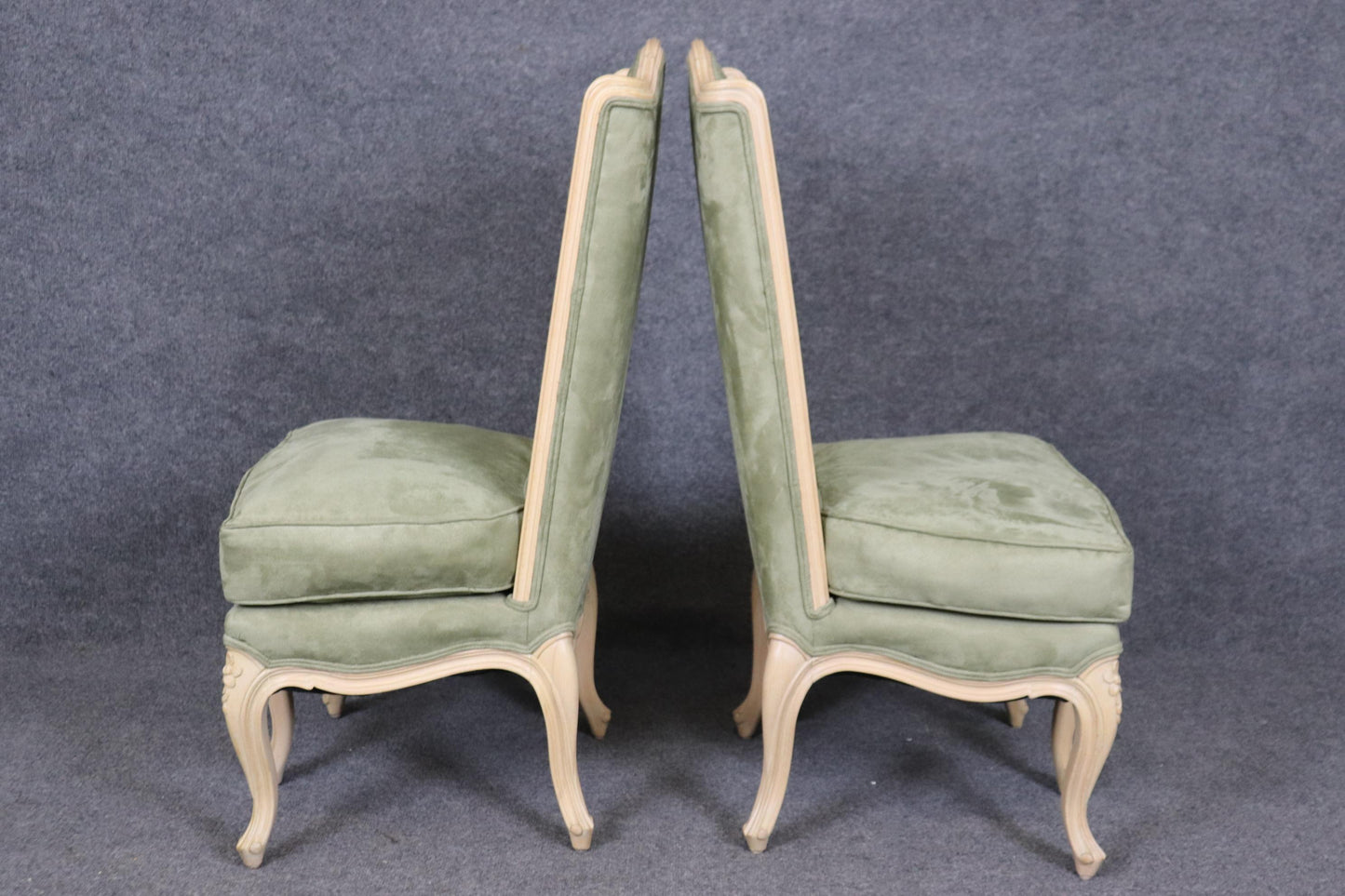 Gorgeous pair of Rare 5 Leg French Louis XV Style Limed Walnut Side Chairs