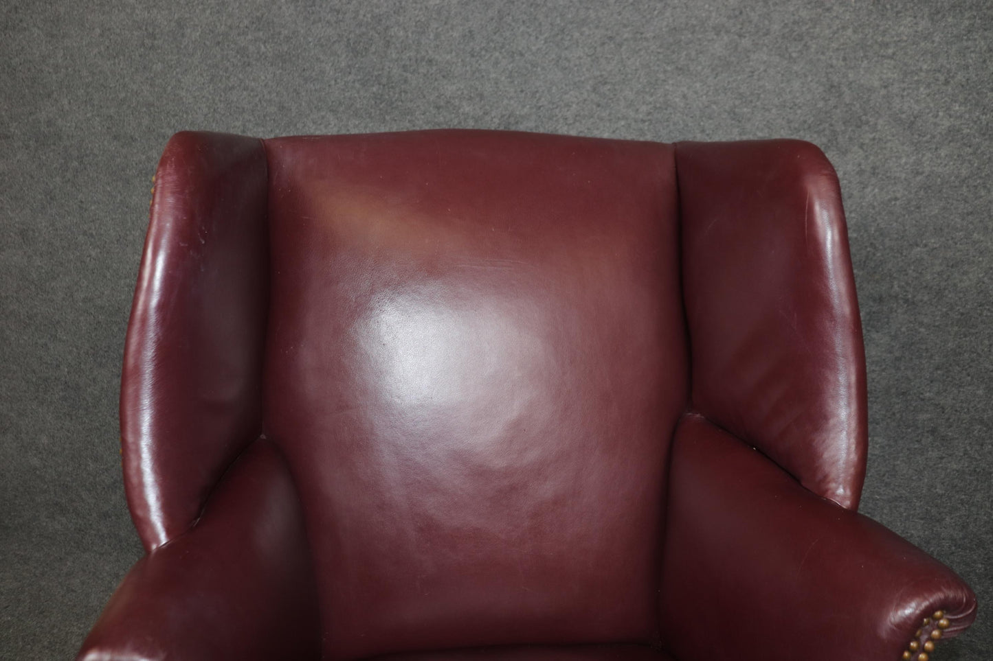 Fine Quality Burgundy Leather nail Head Trim Chippendale Mahogany Wingchair