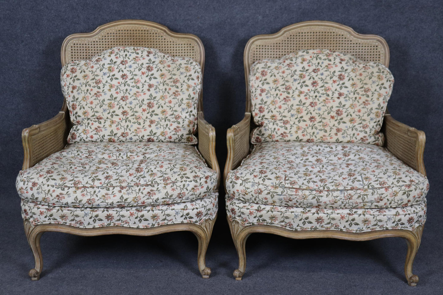 Rare Pair of French Fully Caned Upholstered Bergere Chairs Louis XV