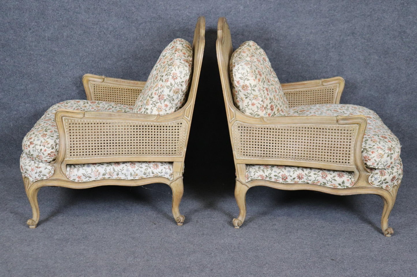 Rare Pair of French Fully Caned Upholstered Bergere Chairs Louis XV