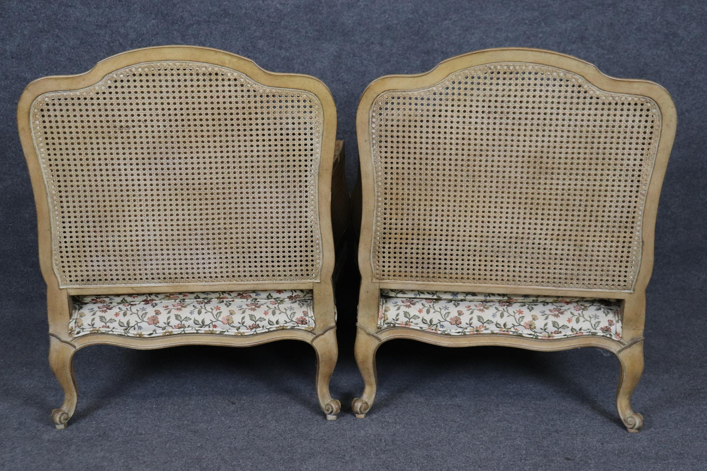 Rare Pair of French Fully Caned Upholstered Bergere Chairs Louis XV