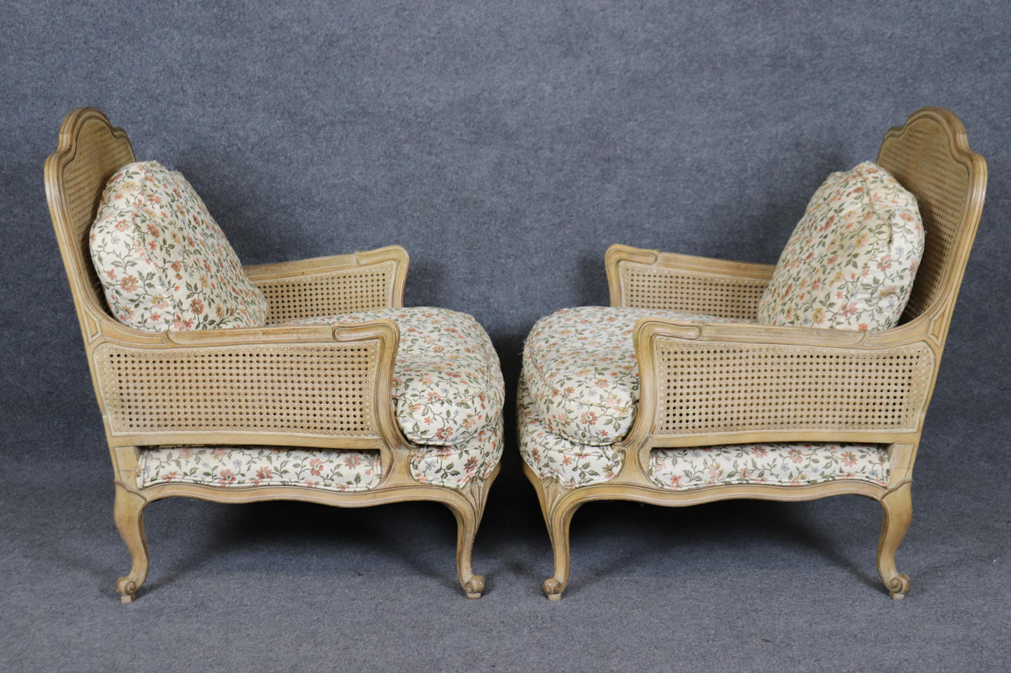 Rare Pair of French Fully Caned Upholstered Bergere Chairs Louis XV