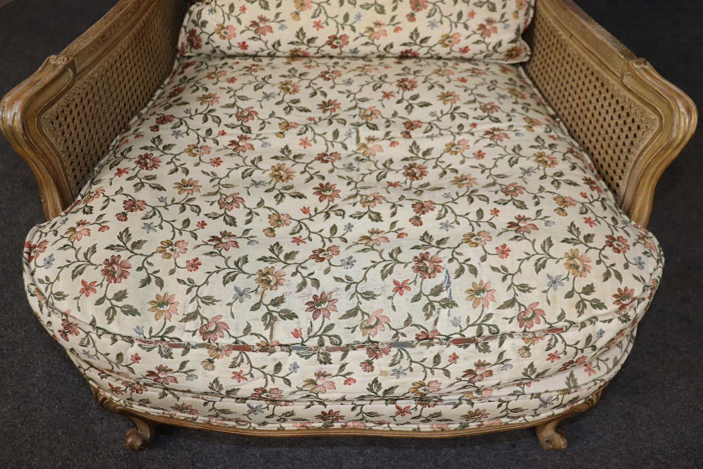 Rare Pair of French Fully Caned Upholstered Bergere Chairs Louis XV