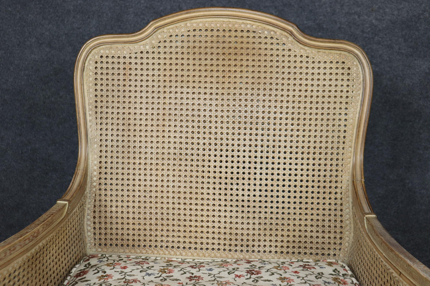 Rare Pair of French Fully Caned Upholstered Bergere Chairs Louis XV