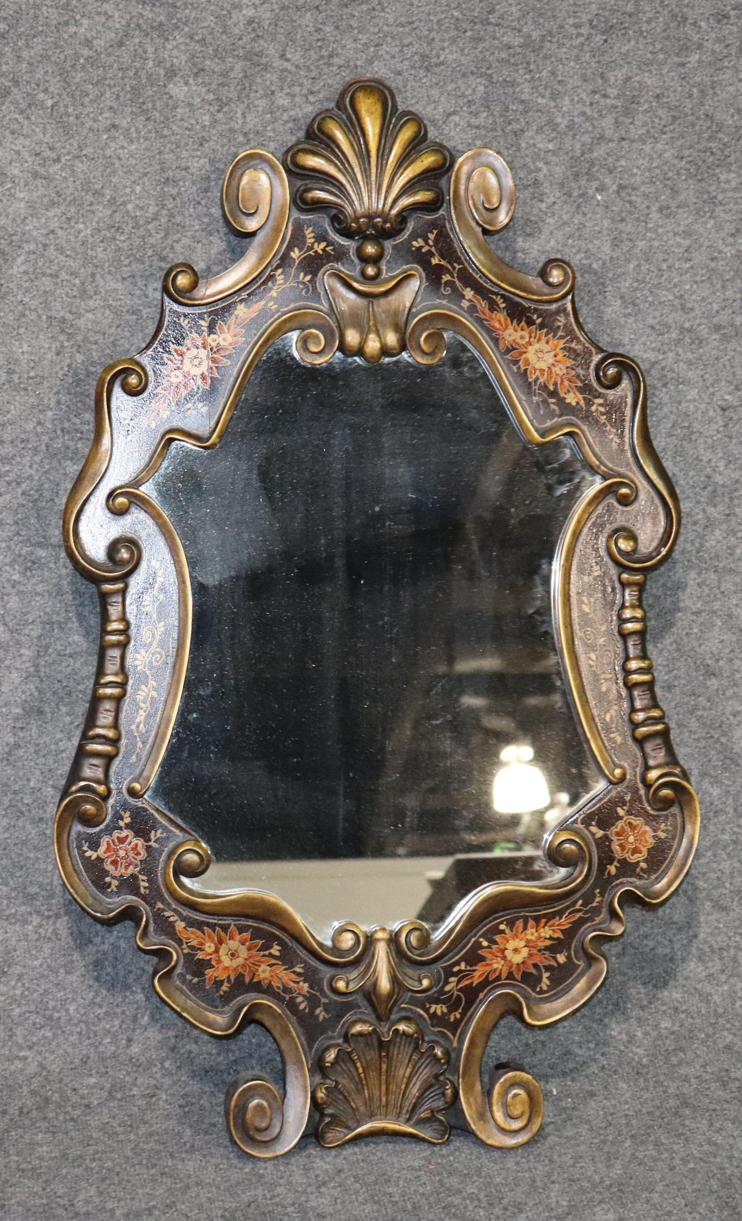 Hand-Paint Decorated Gilded Venetian Italian Wall Mirror, circa 1940