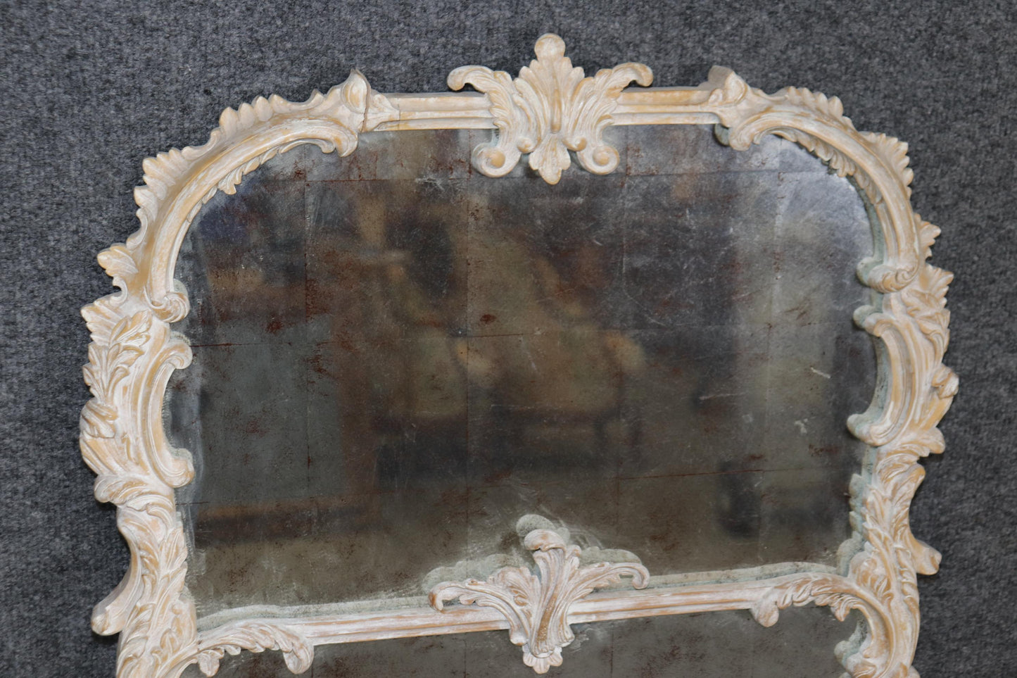 Rare French Carved Limed Beech Wood French Louis XV Eglomise Silver Leaf Mirror