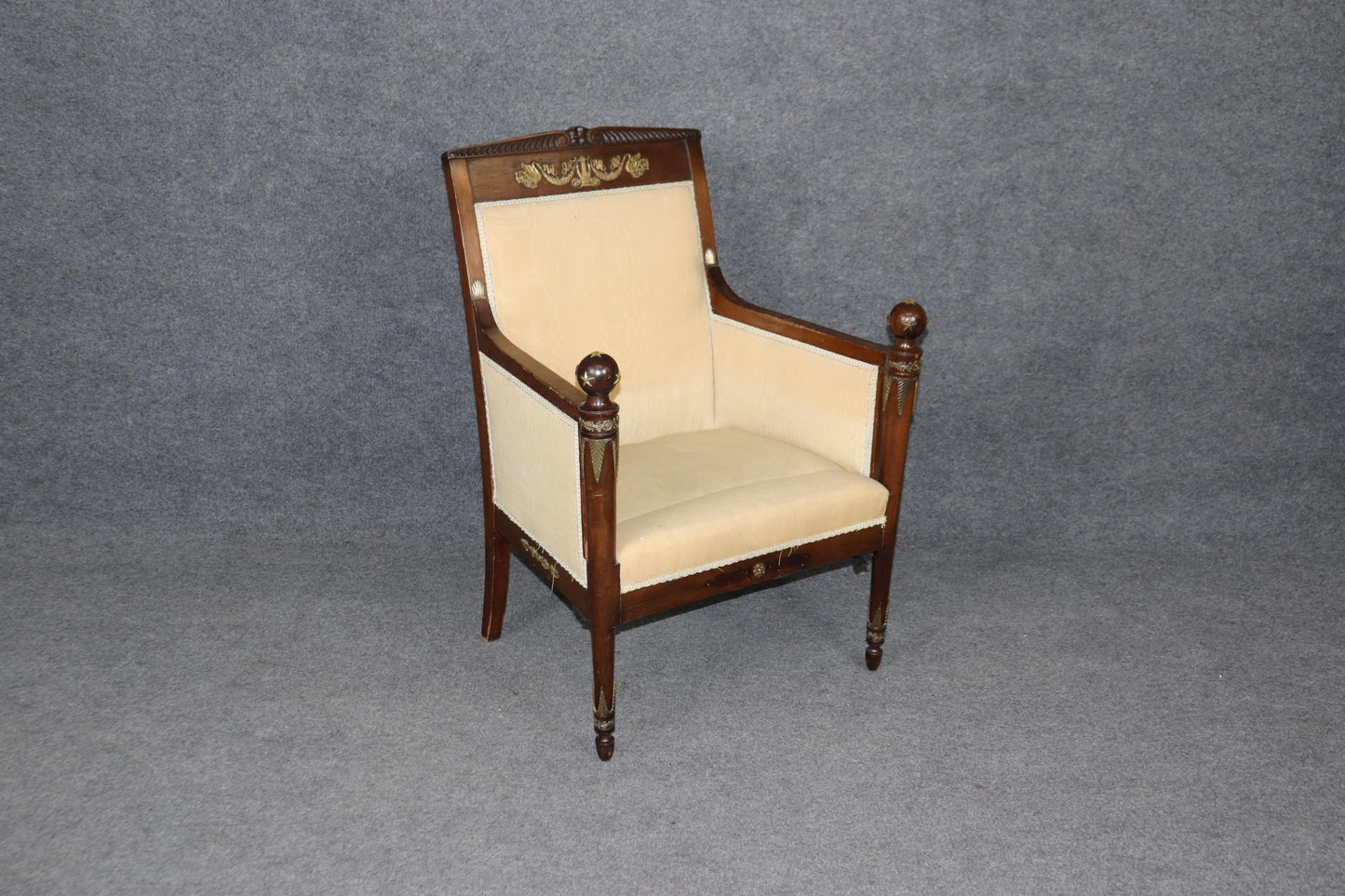 Beautiful Mahogany French Empire Bronze Mounted Bergere Chair