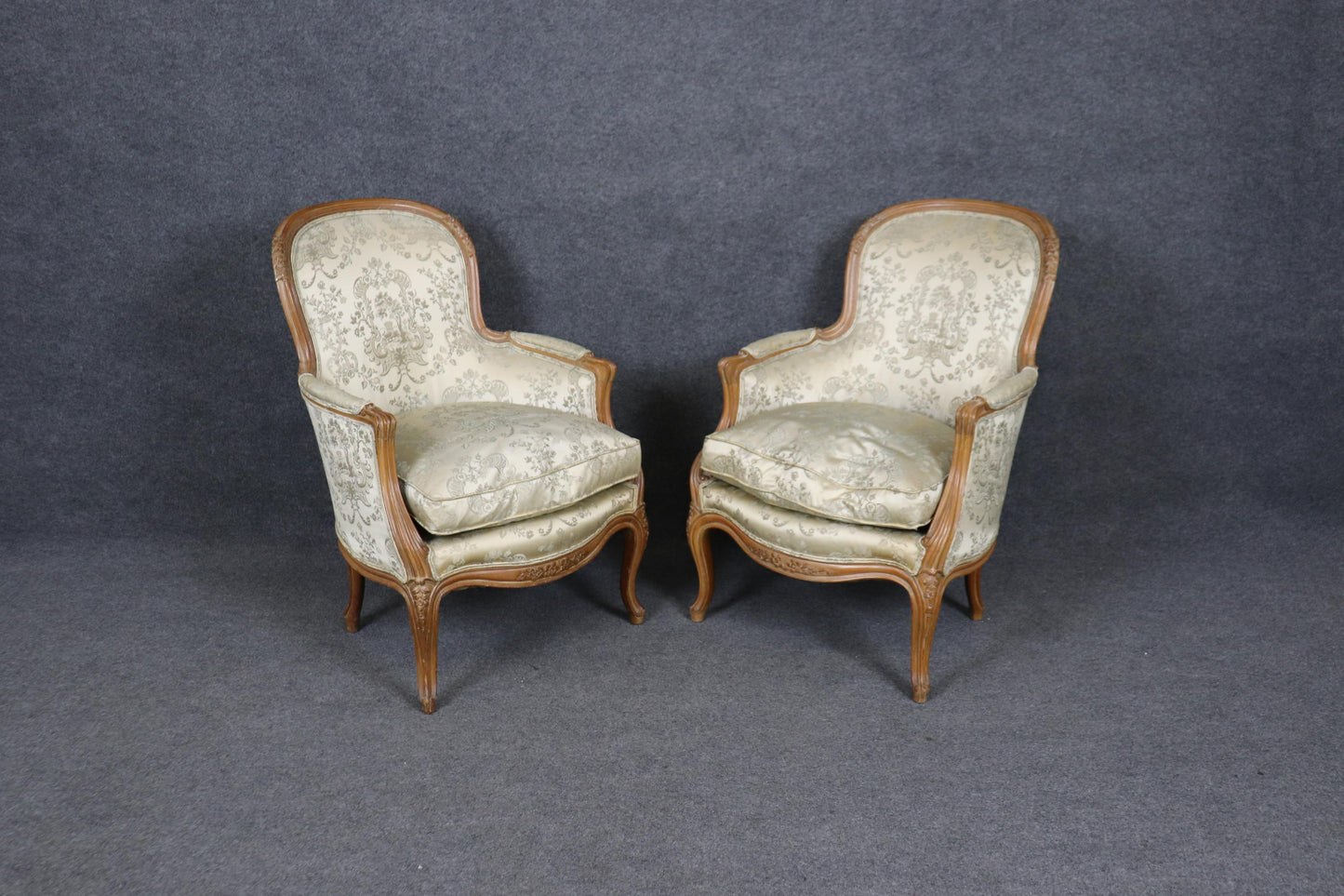 Pair of Gorgeous French Carved Louis XV Bergere Chairs Circa 1940s era