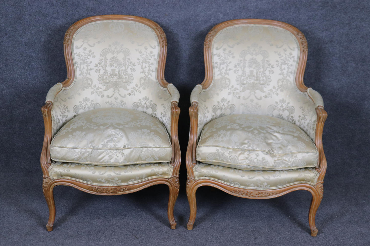 Pair of Gorgeous French Carved Louis XV Bergere Chairs Circa 1940s era