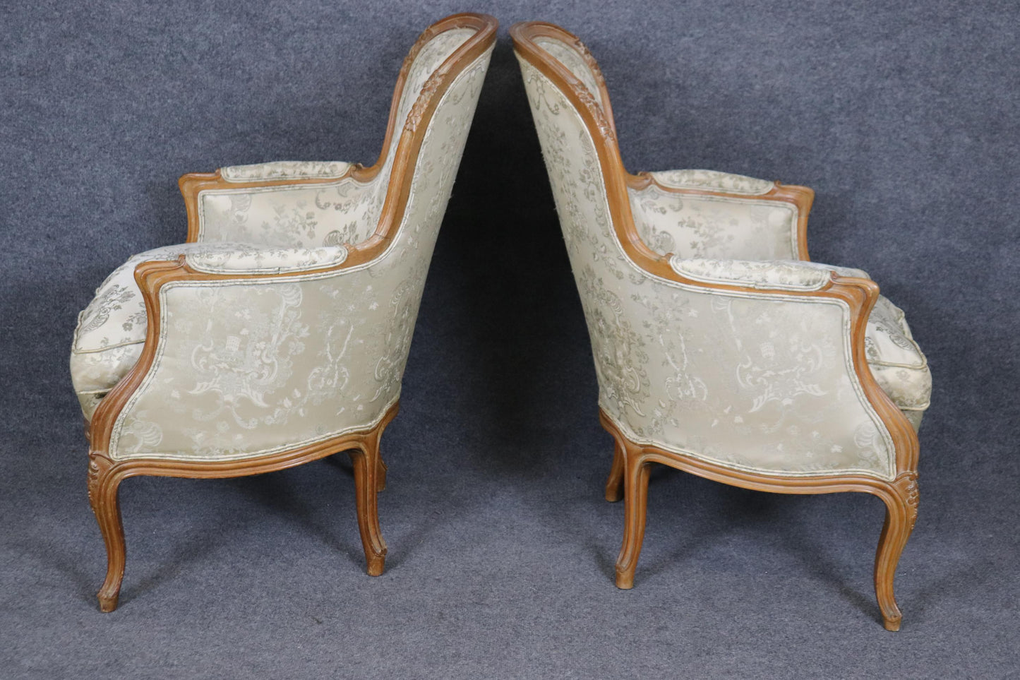 Pair of Gorgeous French Carved Louis XV Bergere Chairs Circa 1940s era