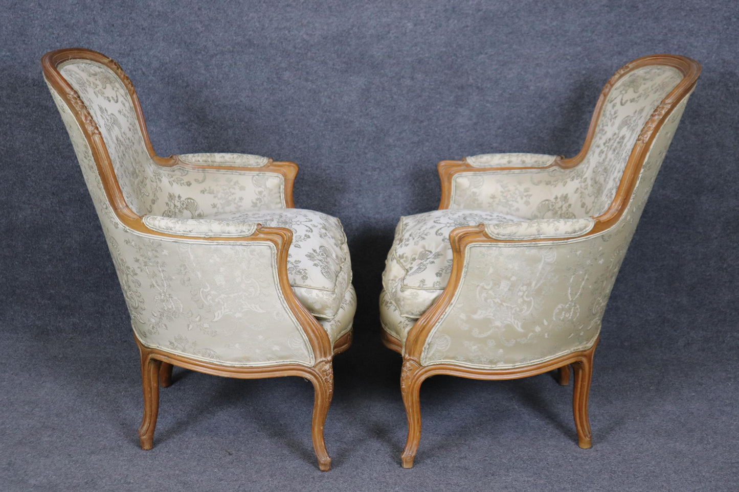 Pair of Gorgeous French Carved Louis XV Bergere Chairs Circa 1940s era