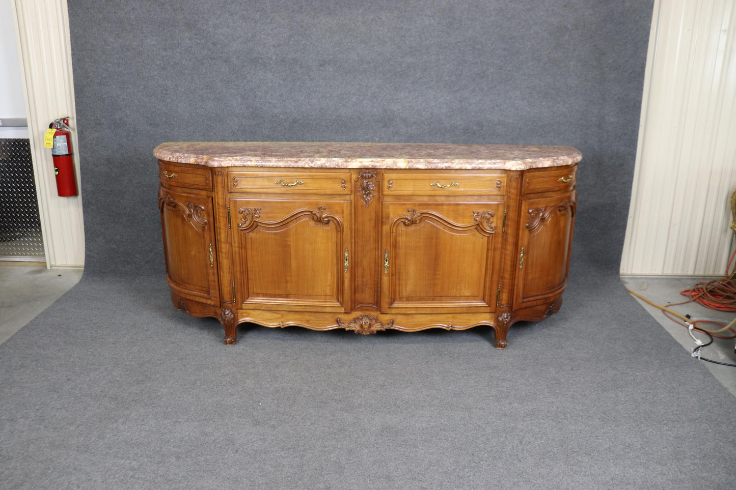 Gorgeous Walnut and Breccia Marble French Louis XV Style Grand Sideboard Buffet