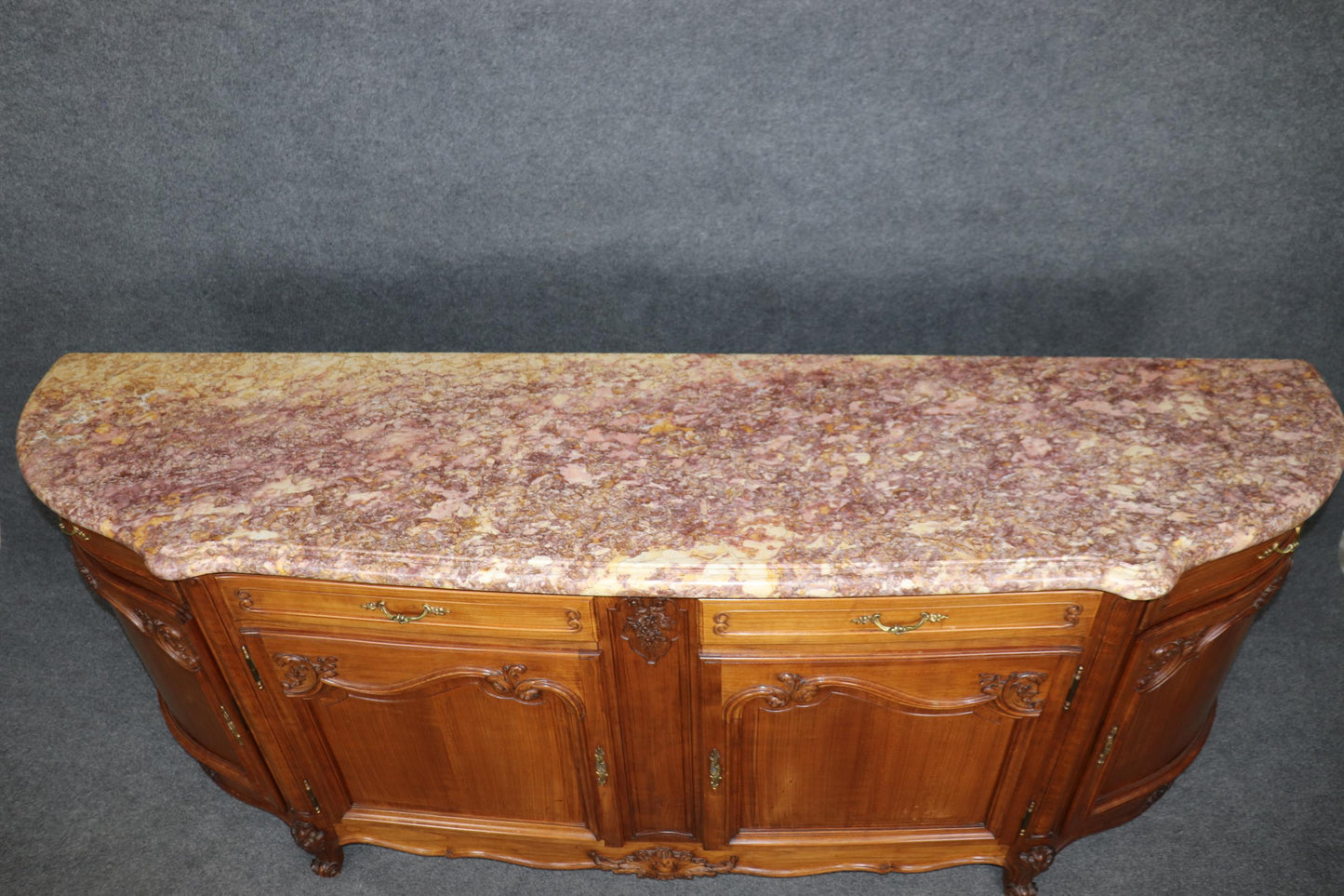 Gorgeous Walnut and Breccia Marble French Louis XV Style Grand Sideboard Buffet