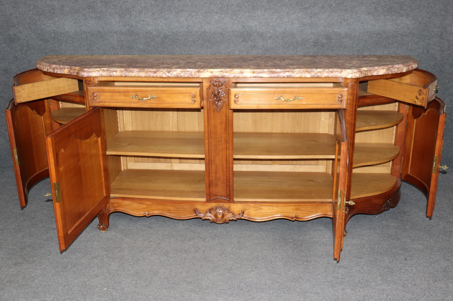 Gorgeous Walnut and Breccia Marble French Louis XV Style Grand Sideboard Buffet