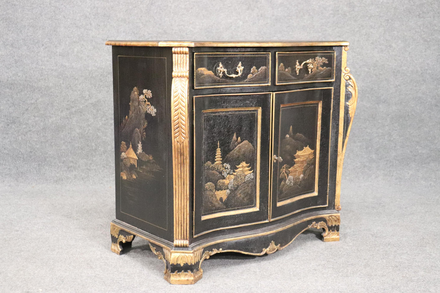 Gilded Black Chinoiserie Georgian Style Antique Two Door Cabinet Commode Server